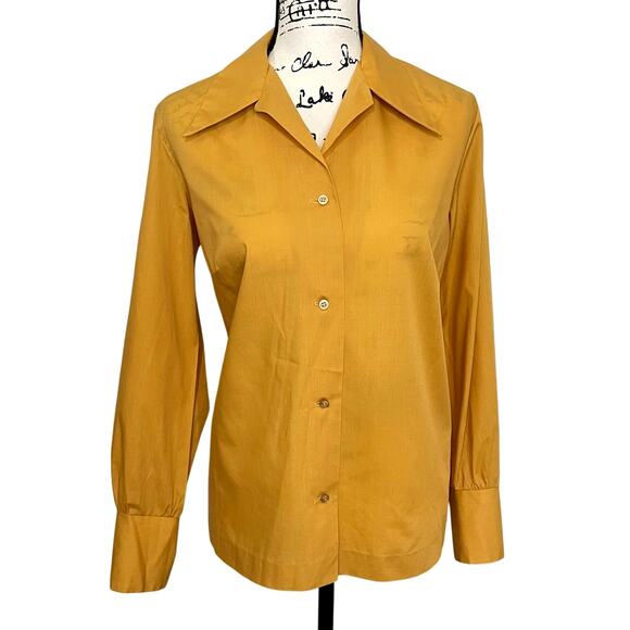Vintage 1950s Womens Blouse Dagger Collar Button Up Dress Shirt Mustard Balloon - Picture 1 of 13